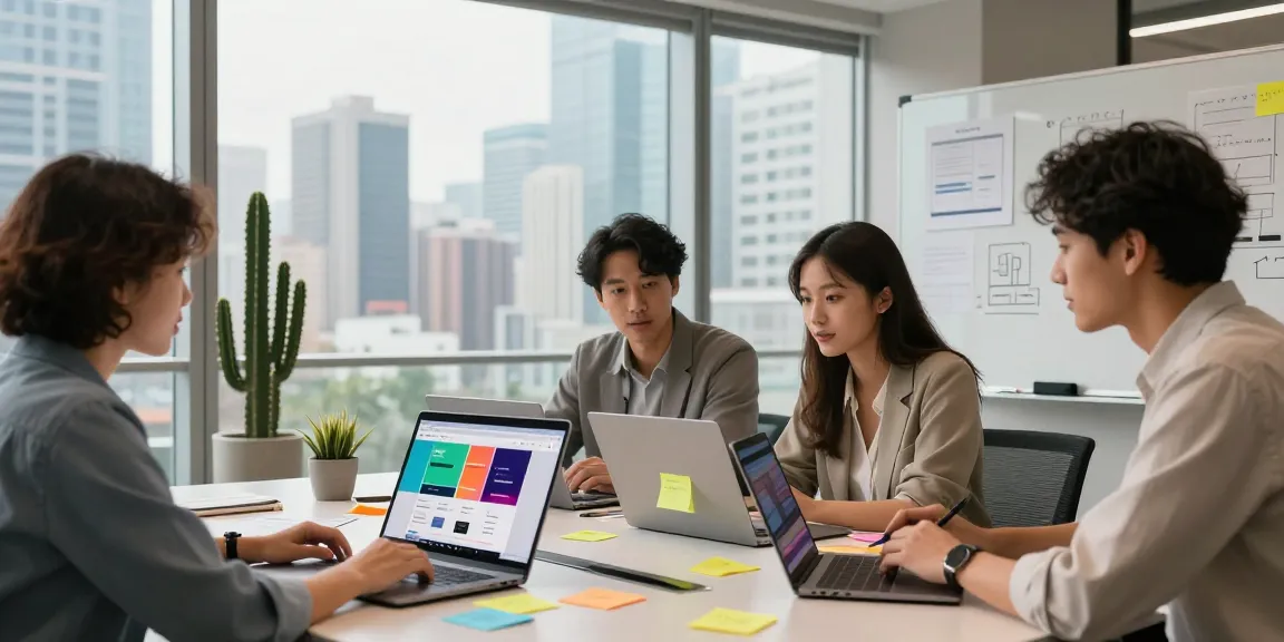 Website design agency team collaborating on web design projects in modern Hong Kong office.