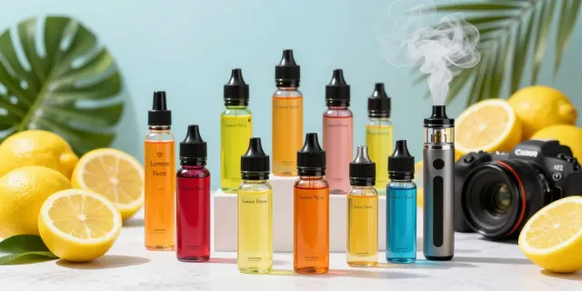 Selection of twist eliquid 120ml bottles surrounded by vibrant lemons and vape accessories, showcasing refreshing flavors.