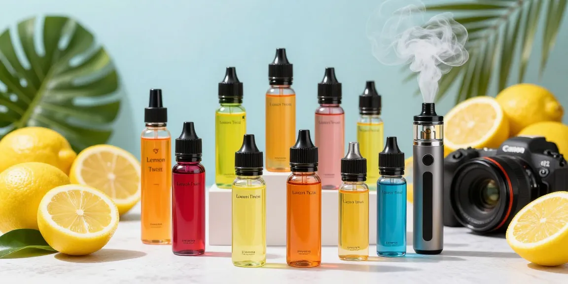 Selection of twist eliquid 120ml bottles surrounded by vibrant lemons and vape accessories, showcasing refreshing flavors.