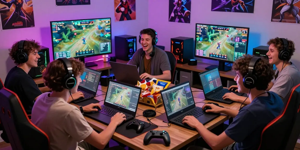 A group of friends enjoying an online gaming session in a vibrant room, showcasing raja328 situs gaming culture.