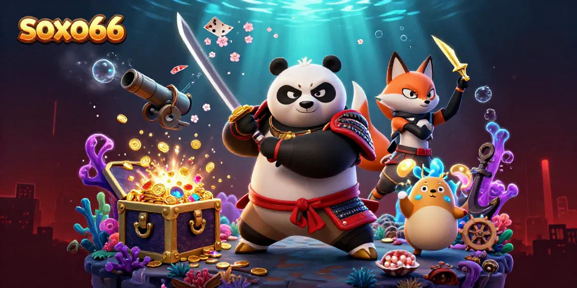 Experience excitement with soxo66 as a samurai panda and ninja fox battle for treasure in vibrant casino style.