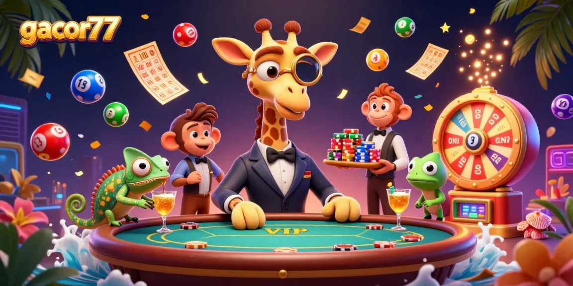 Gacor77 mempersembahkan keseruan kasino dengan giraffe high-roller dan suasana mewah di meja poker.