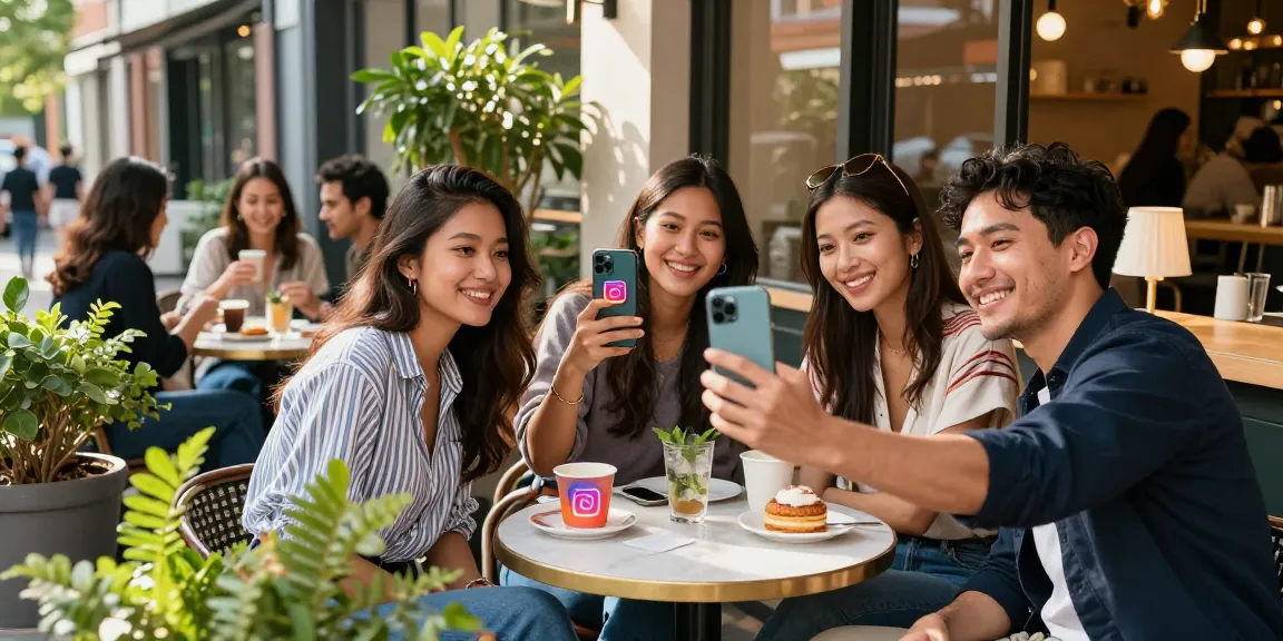 Buy engaging Instagram followers as influencers connect outdoors at a café.