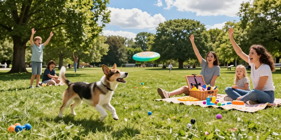 Rokok88 moments in a park, family playing with a puppy and frisbee.