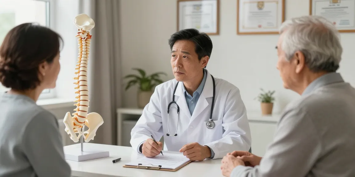 Dar kanal ameliyatı consultation scene showing an elderly patient and a surgeon discussing spinal health.