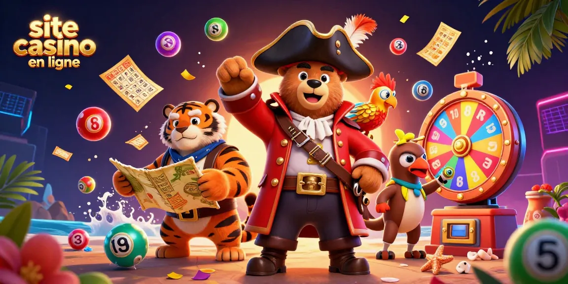 Plongez dans l'univers du site casino en ligne avec un panda pirate et des éléments de loterie vibrants.