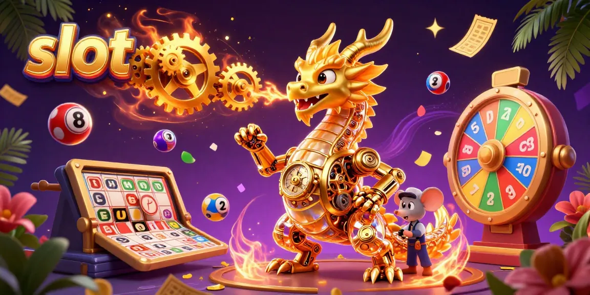 Aktivitas bermain slot dengan naga dan bola lotere berwarna cerah di YUMETOTO, semua berwarna-warni.