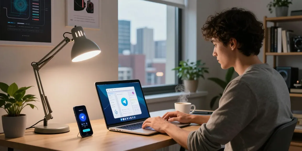 Using telegram download china vpn on a laptop in a modern urban workspace