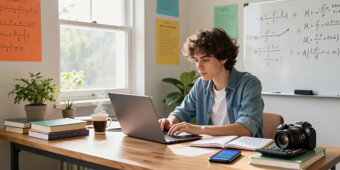 Student using a derivative calculator in a bright study space with textbooks and notes.