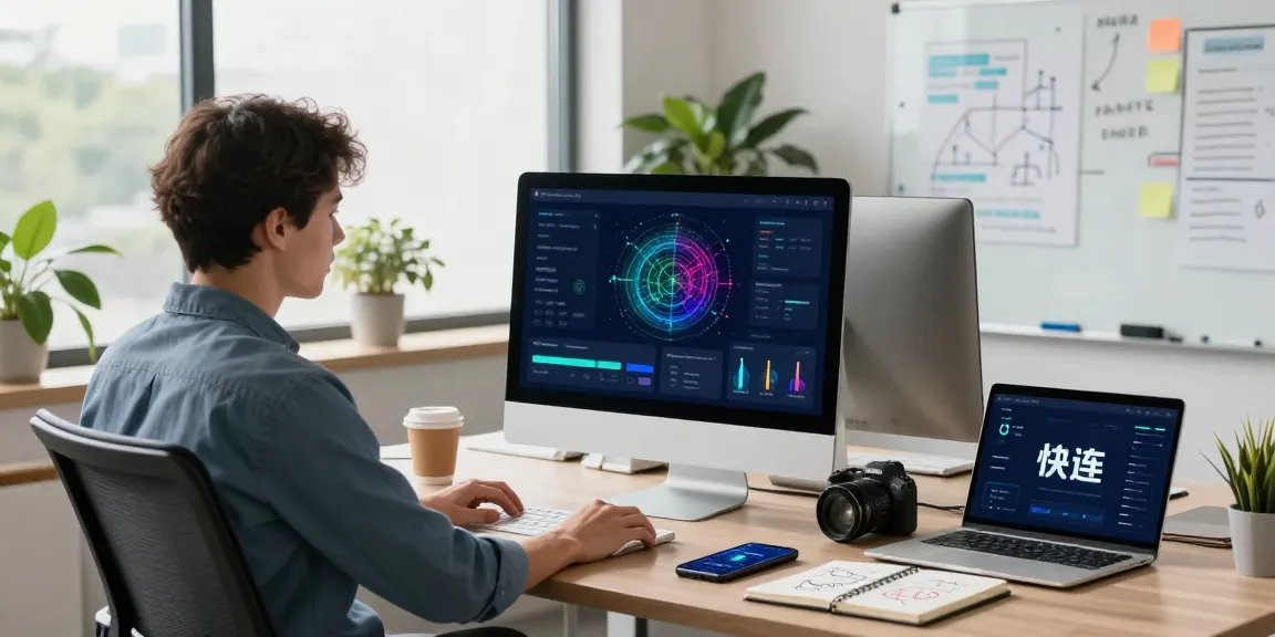 快连 user in a modern office utilizing a desktop application for fast internet connectivity, surrounded by tech essentials.