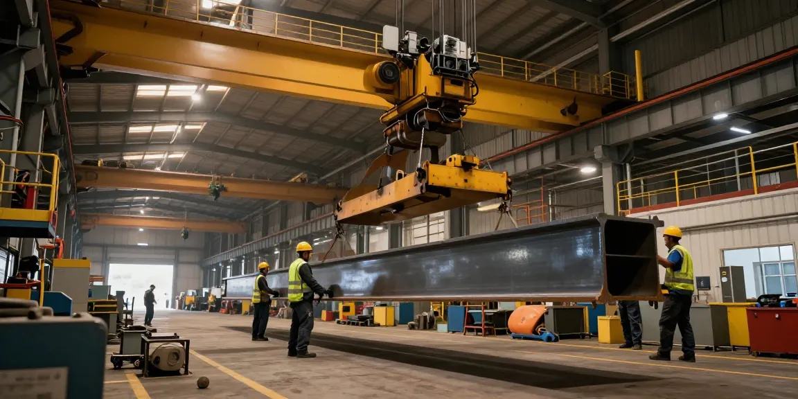 Industrial crane manufacturer China operating a gantry crane in a large workshop environment.