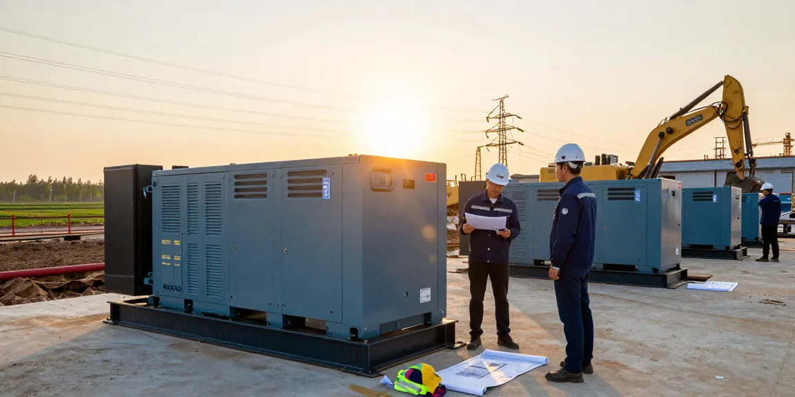 Huaquan Power engineers inspecting high-capacity generator sets at a construction site with equipment and machinery.