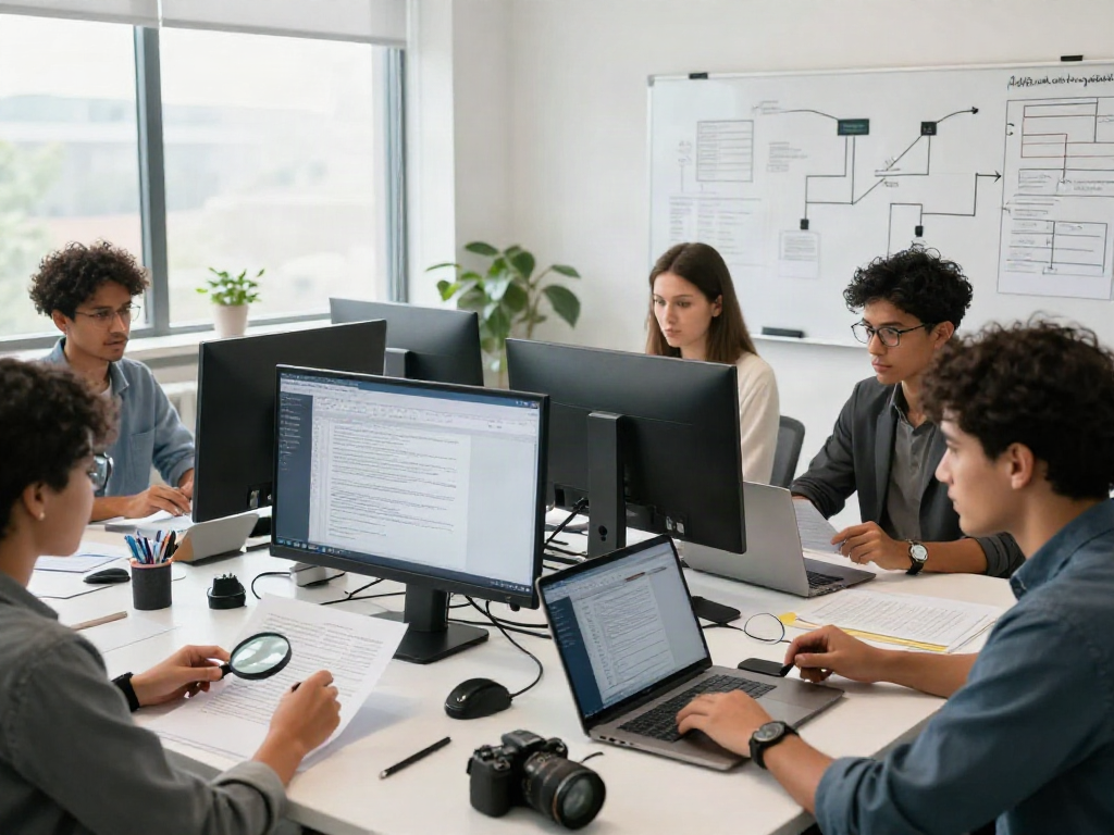 Team analyzing documents for document fraud detection in a bright office environment.