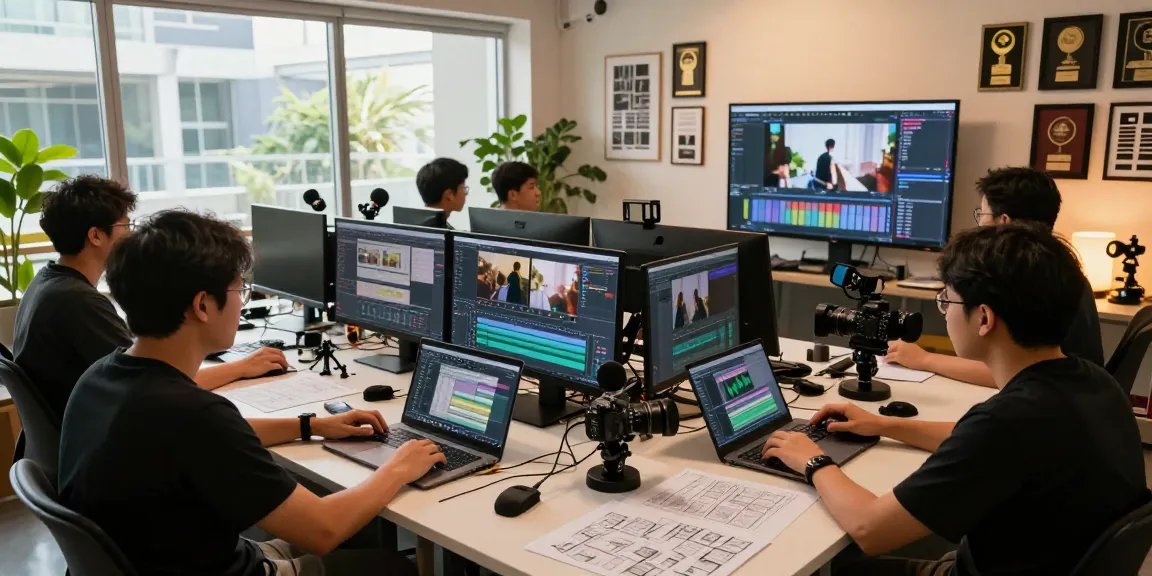 Leading Video Production House in Singapore with team collaborating on video editing, creative environment, and modern studio setup.