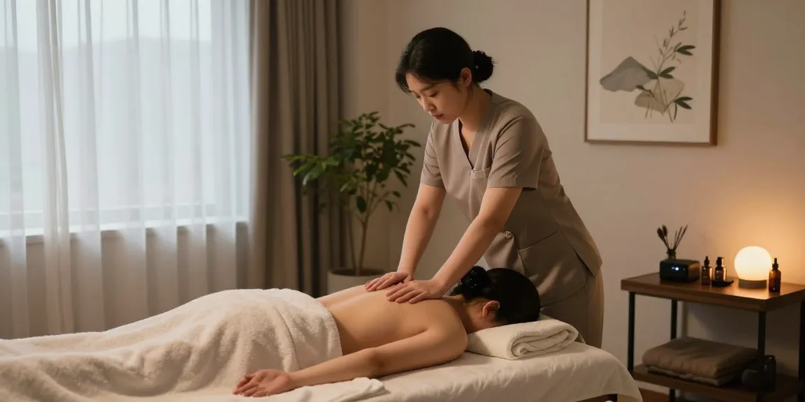 부천출장마사지 session in a tranquil home environment with soothing elements and light.