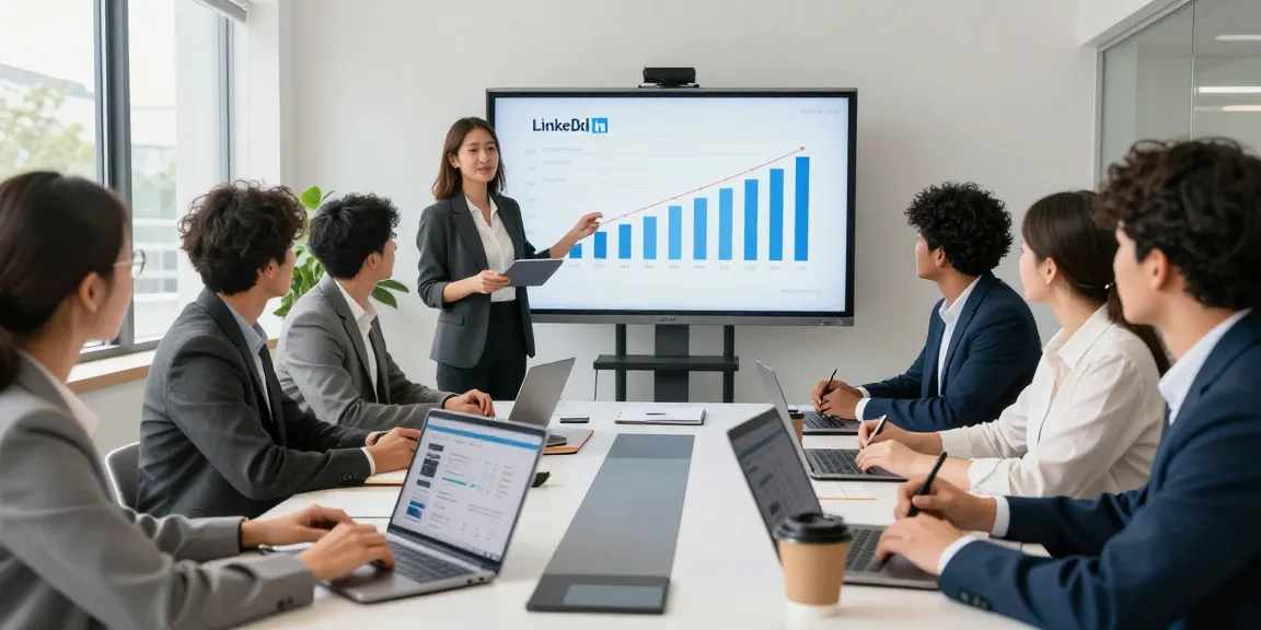 Team collaborating to increase LinkedIn followers in a modern office