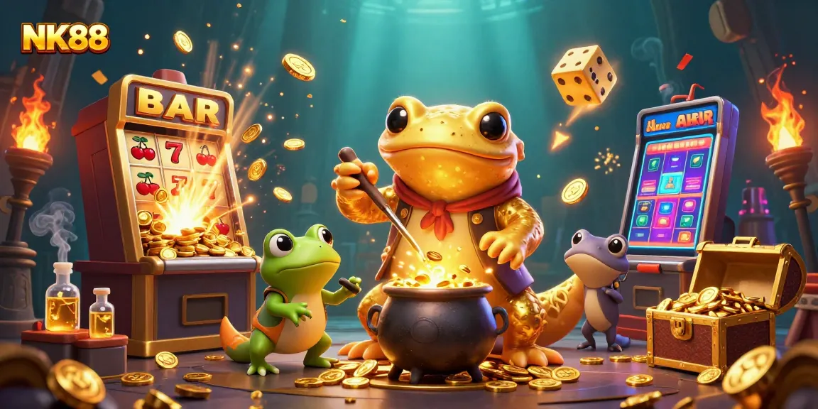 Witness NK88's vibrant gaming world through a colorful 3D illustration of magical characters and casino elements.