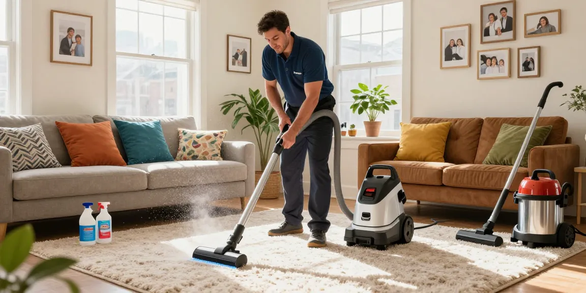 Professional carpet cleaners NYC utilizing advanced equipment in a bright living room