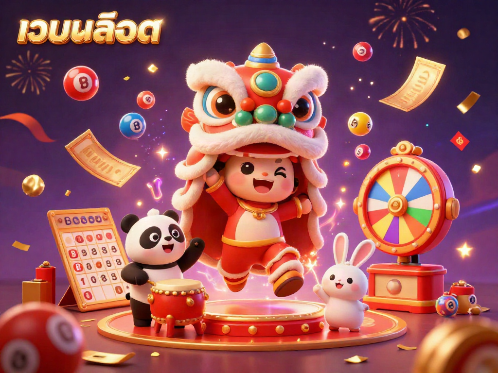 Engage with the festive เว็บสล็อต world featuring dancing characters, colorful lottery elements, and golden decorations.