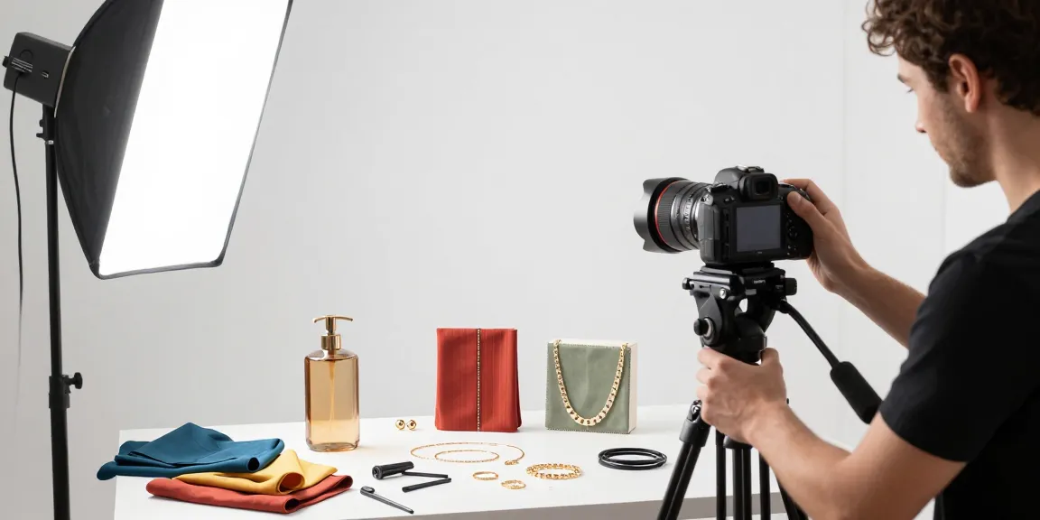 Fotografo ecommerce Milano in studio durante una sessione fotografica, prodotti in evidenza.