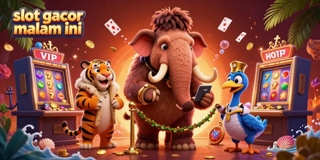 Experience the excitement of winning with slot gacor malam ini as vibrant slots come to life in a cartoonish casino adventure.