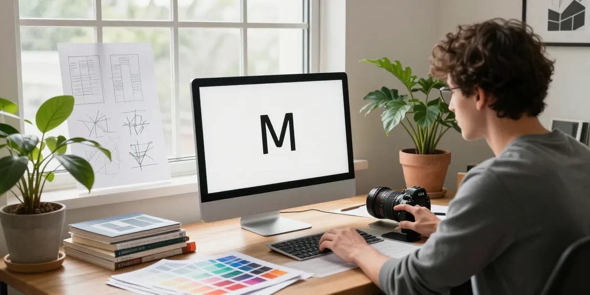 Grafik freelancer projektujący logo w jasnym, kreatywnym miejscu pracy.