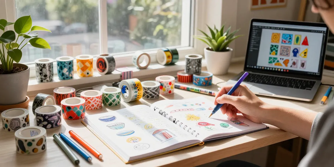 Creative workspace showcasing custom washi tape design with colorful rolls and vibrant artwork.