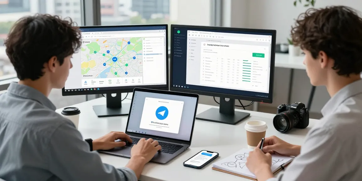 Accessing telegram download china vpn in a modern workspace with VPN software on screens.