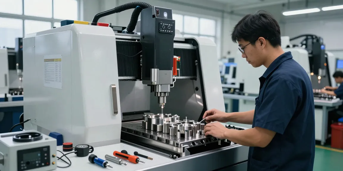 5 axis cnc machining technician working on precision metal parts in a clean manufacturing facility.