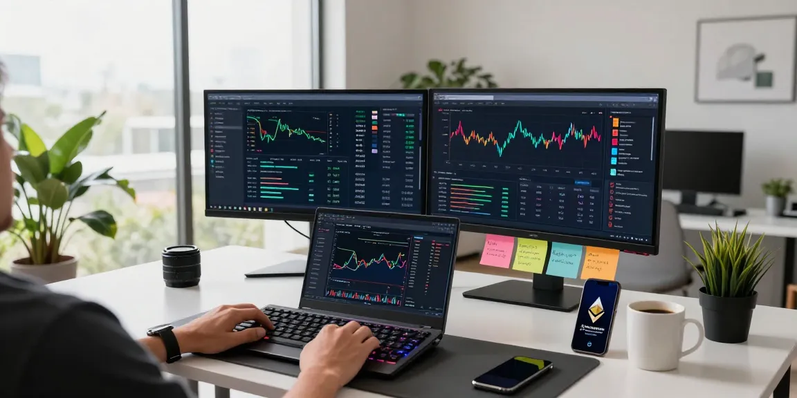 Cricbet99 cryptocurrency trading workspace with advanced analytics and digital wallet interfaces in a modern office.