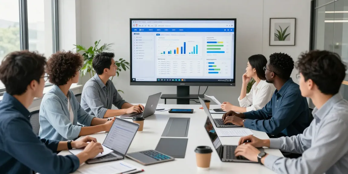 Team collaborating on WPS下载 in a modern office with AI data analysis displayed on screen.