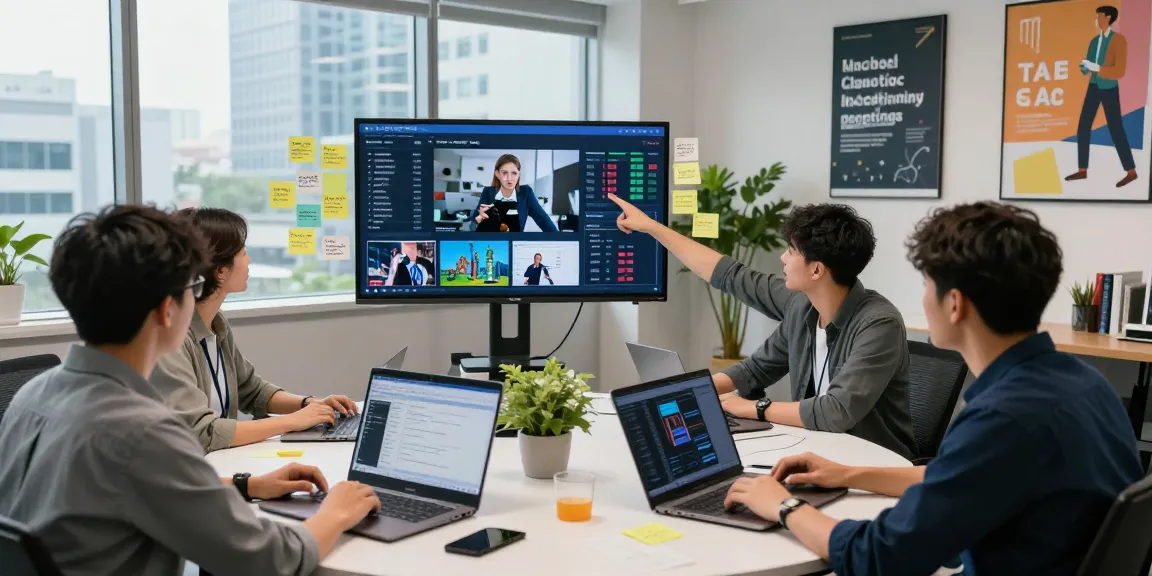 Team analyzing AI image detector results in a modern workspace