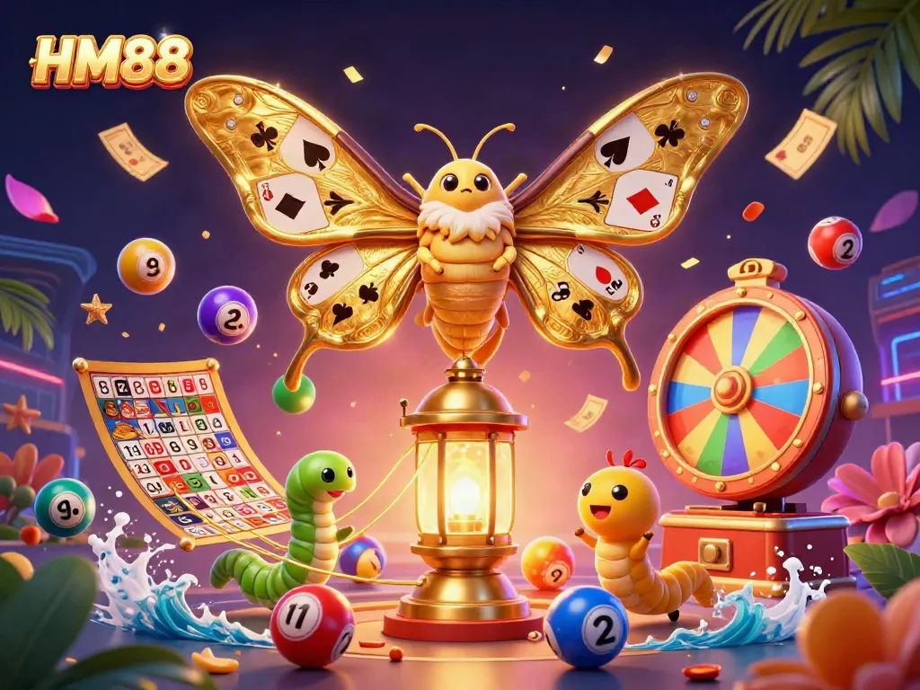 Experience the thrill of HM88 with a vibrant casino scene filled with colorful game elements and characters.