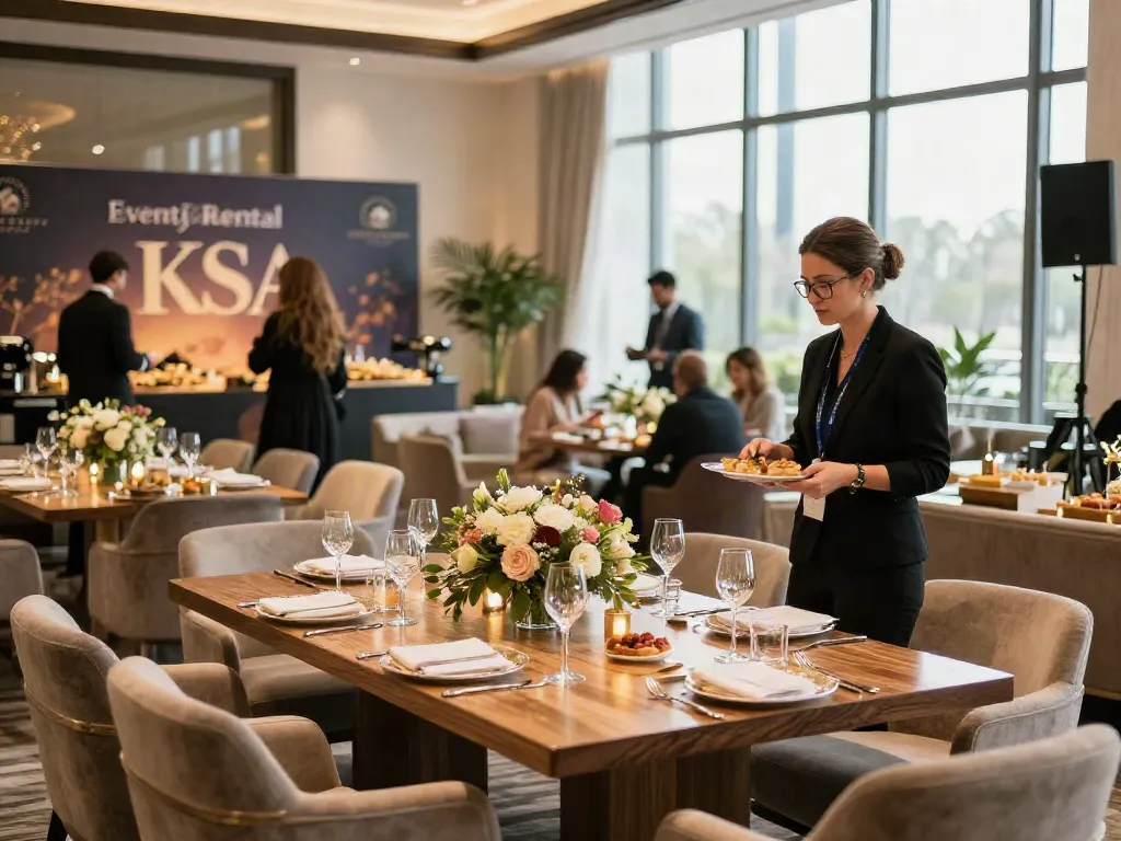 Premium event rental KSA setup showcasing elegant tables and decor for a luxurious gathering.