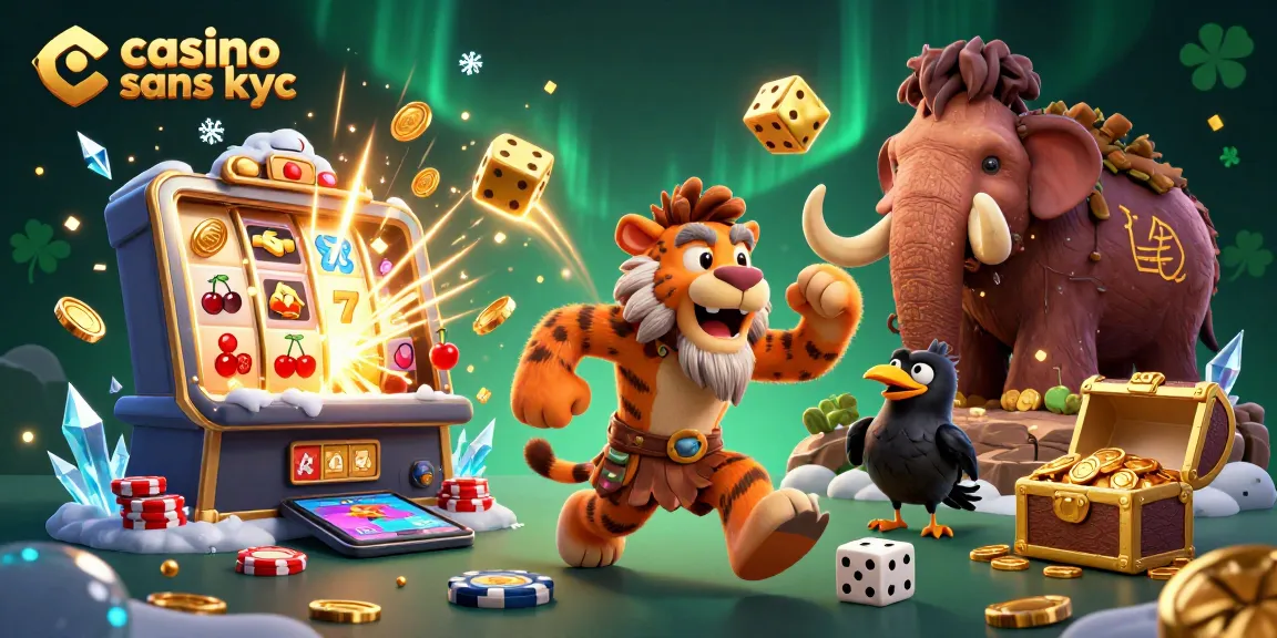 Casino sans KYC : Visuel captivant d'un casino préhistorique animé avec des personnages et des jeux.