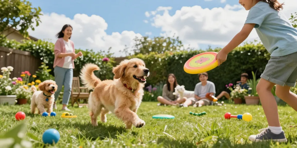 Miniature Golden Retriever playing with children in a sunny backyard, showcasing joyous family moments.