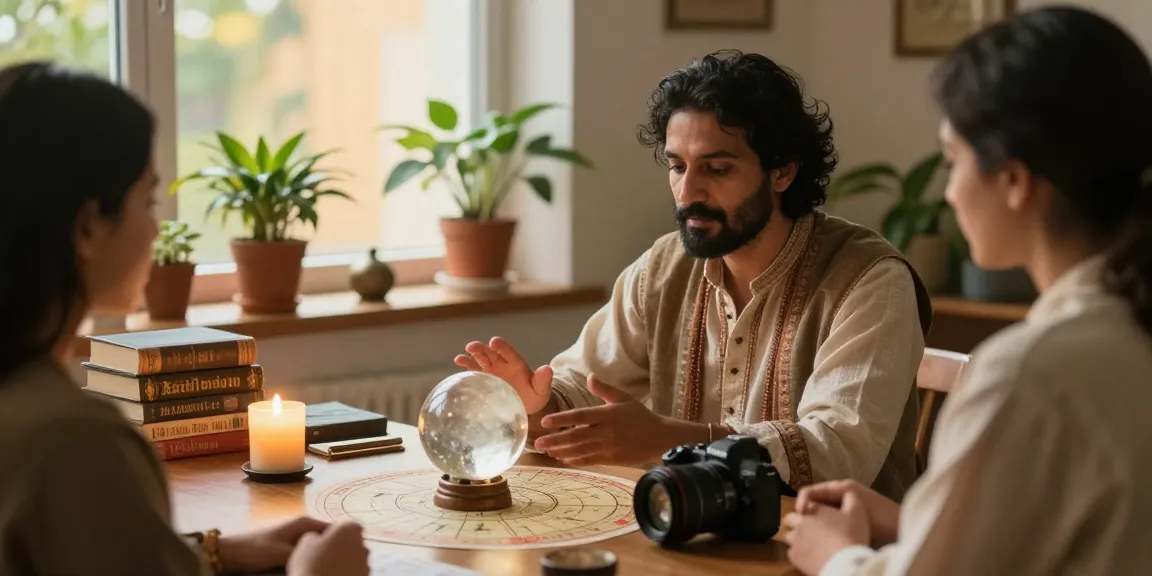 Client consultation with the Best Astrologer in India, showcasing a cozy home office with astrology charts and warm lighting.