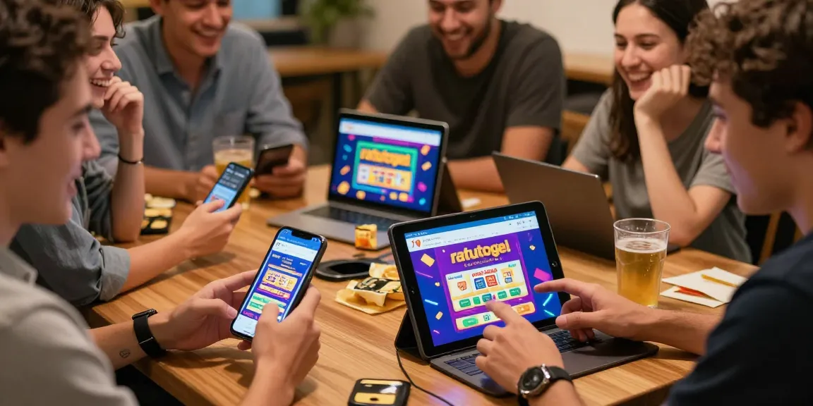 Pengguna bermain togel online di ratutogel dengan suasana ceria dan alat gaming.