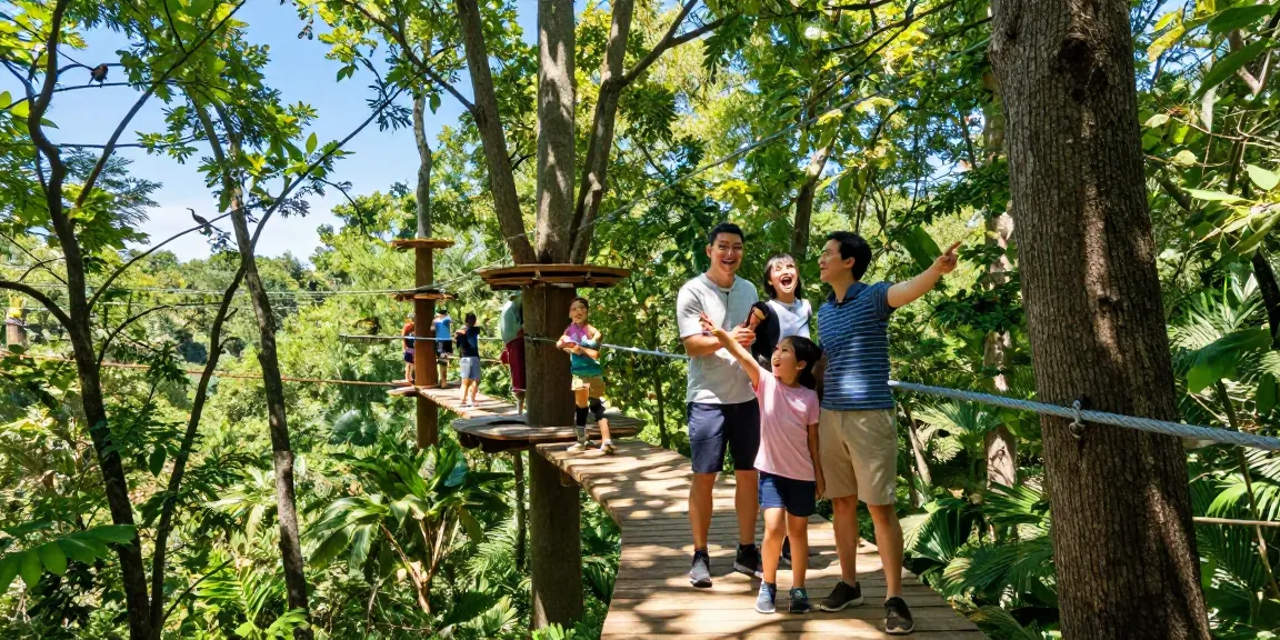Treetop Walkway experience with family exploring the forest canopy, surrounded by trees and enjoying nature.