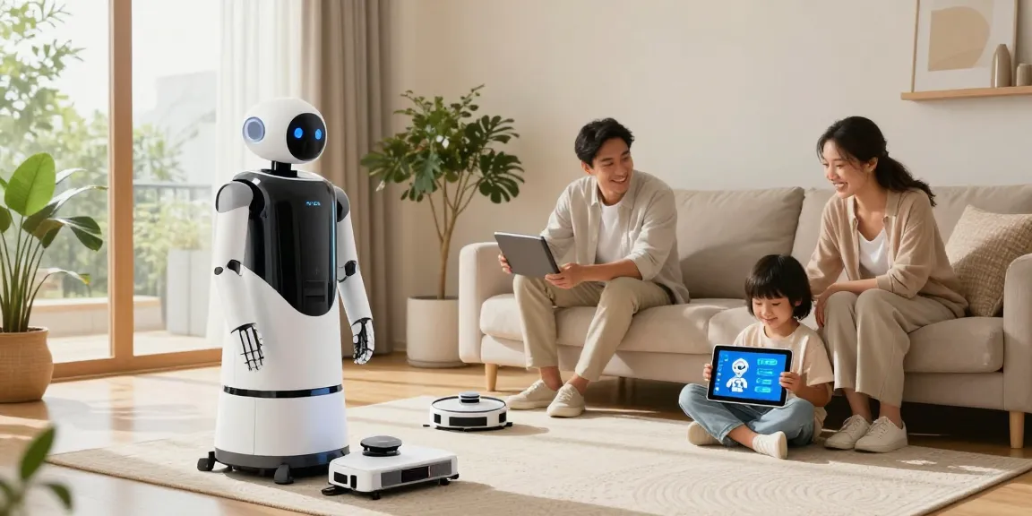 Humanoid home robot assisting with chores in a modern living room, highlighting home automation.