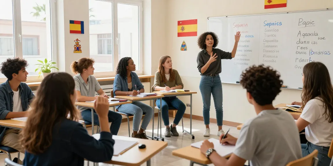 Studenten, die an Spanischkursen in Spanien in einem lebhaften Klassenzimmer in Barcelona teilnehmen.