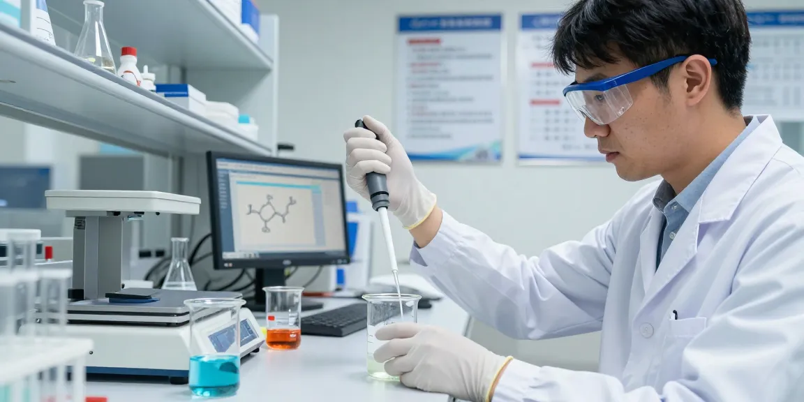 Researcher in a lab analyzing 14-butanediol for sale, emphasizing quality and safety in chemical analysis.