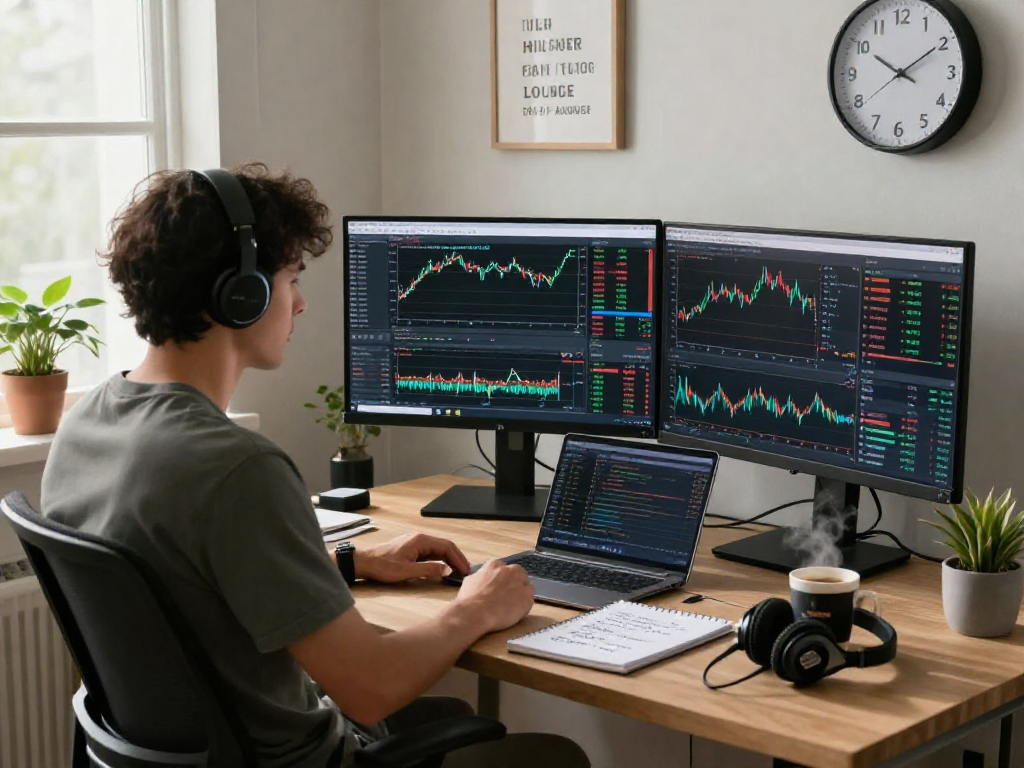 A trader using MetaTrader 5 in a modern home office, showcasing charts and indicators.