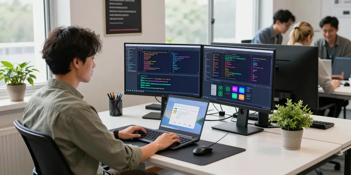 快连 software developer at modern workspace with dual monitors and coding on laptop