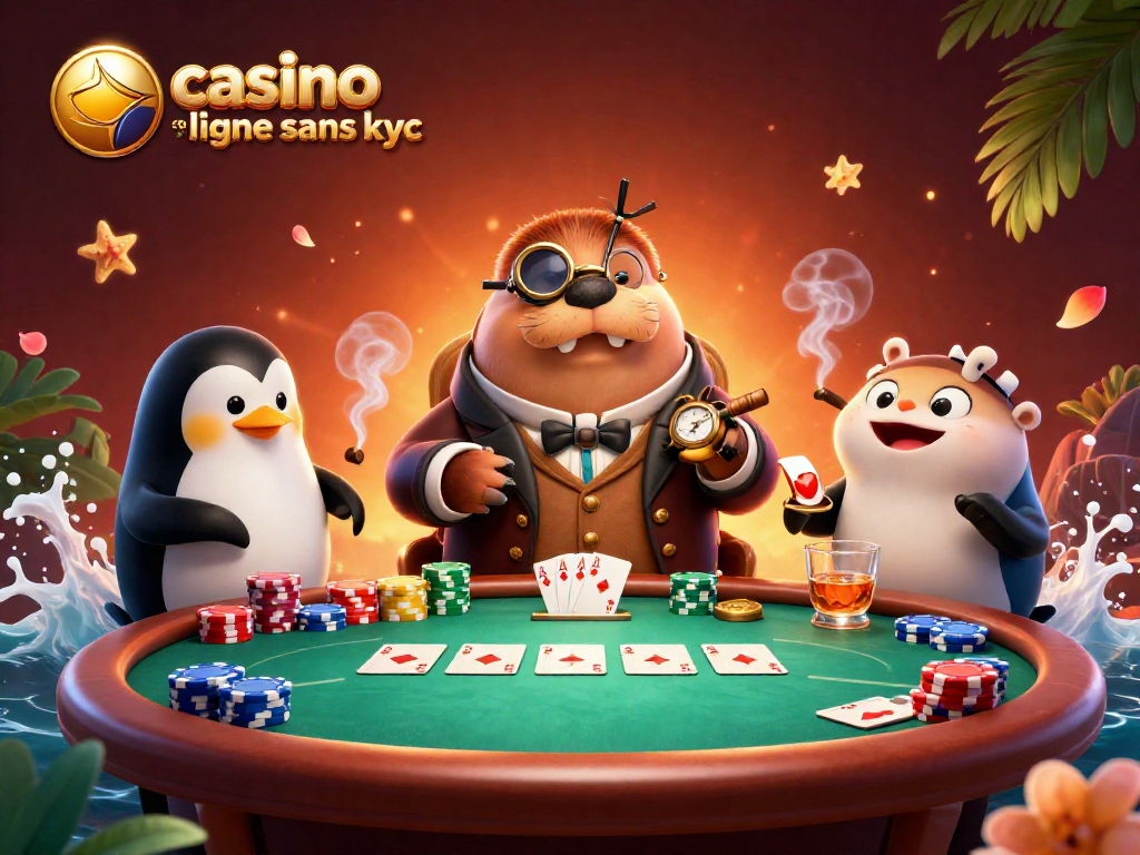 Jouer au poker dans un casino en ligne sans KYC avec un morse élégant et un croupier pingouin
