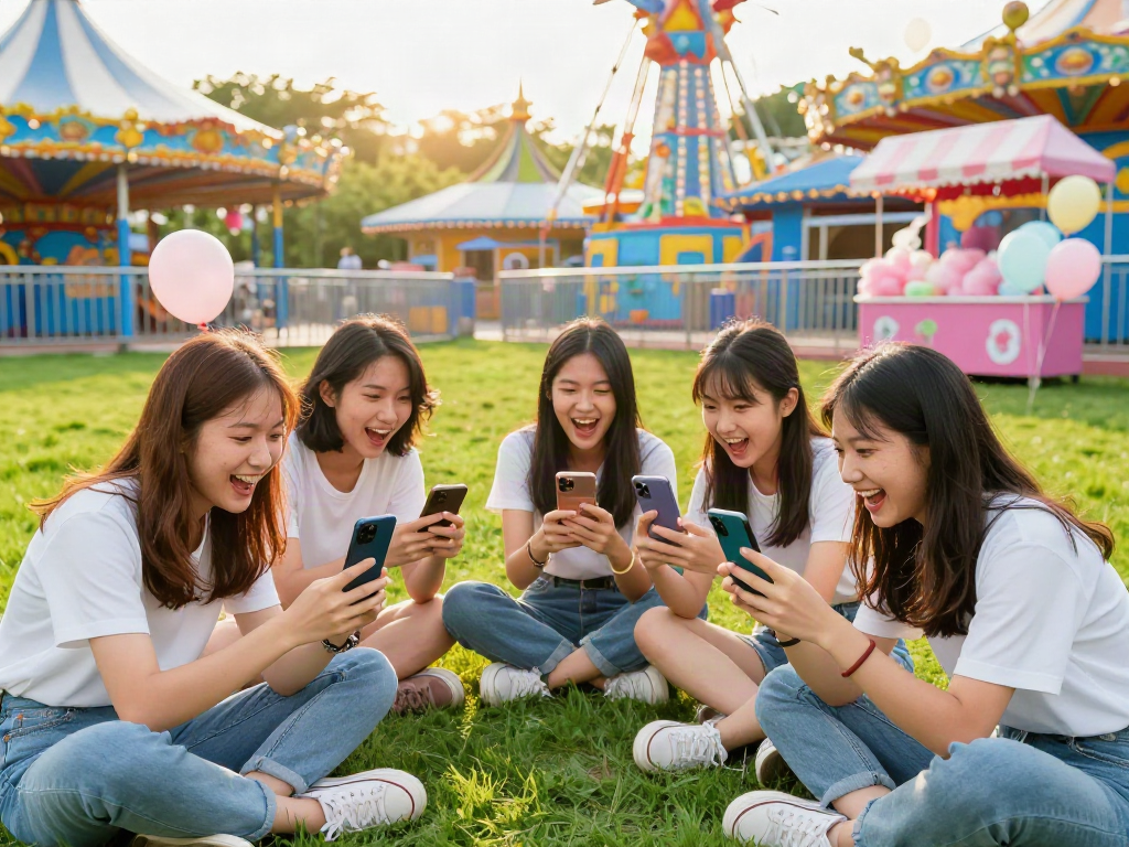 Friends using an age estimation app to find out how old do I look during a fun day at the amusement park.