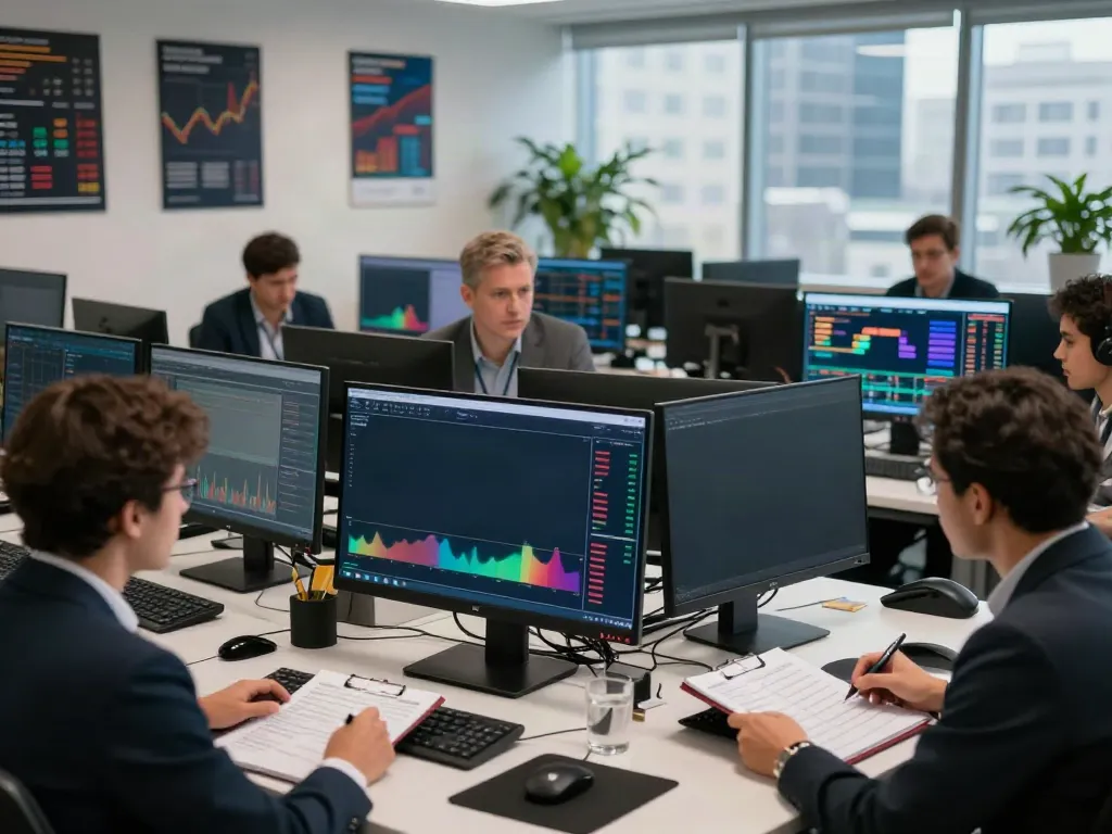 tradingview官网 trading professionals collaborating over stock charts in a modern trading office