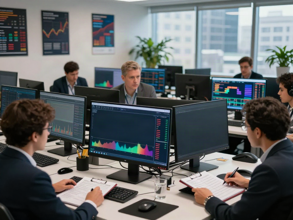 tradingview官网 trading professionals collaborating over stock charts in a modern trading office