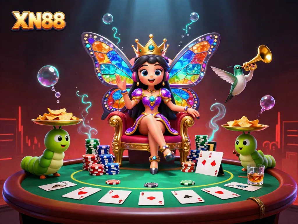 XN88 interactive gaming scene showcasing a butterfly queen, poker elements, and vibrant colors