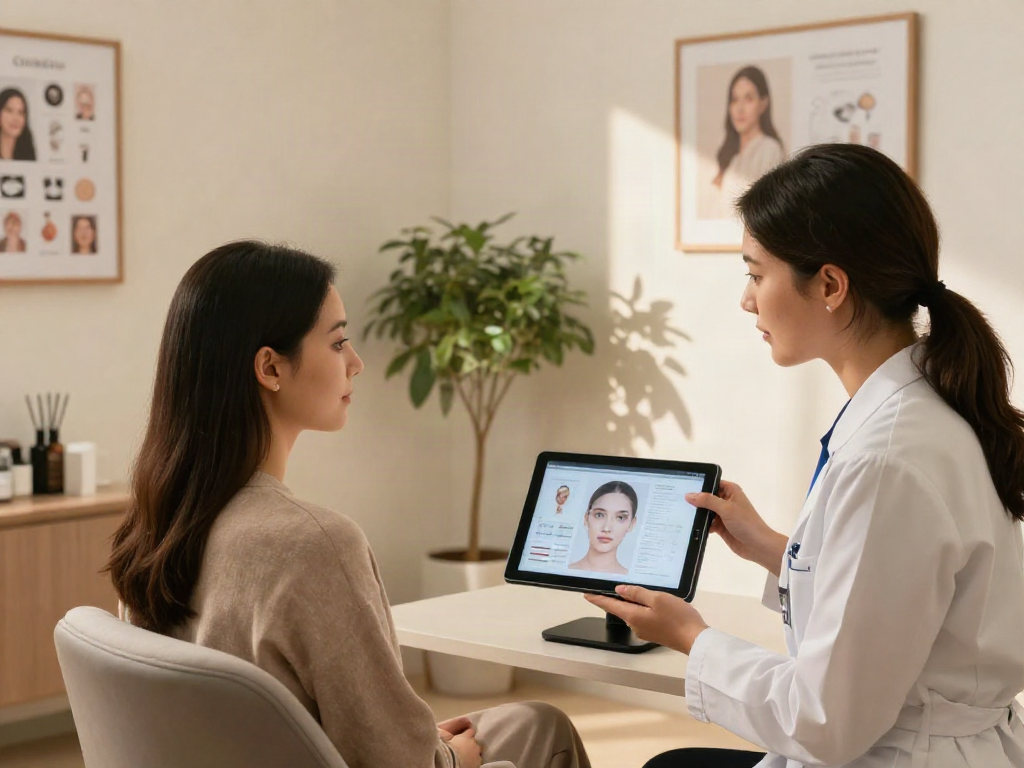 Client consultation scene demonstrating ClinicEvo as a better alternative to QOVES with personalized facial analysis and expert guidance.